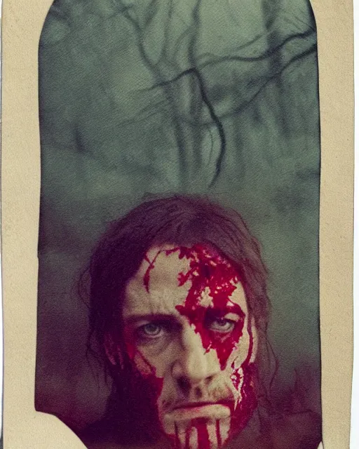 Prompt: an instant photo of a handsome but sinister ghost of a man in layers of fear, with violence in his eyes, 1 9 7 0 s, seventies, woodlands, delicate embellishments, a little blood, crimson, painterly, offset printing technique, by alexandre cabanel, volumetric lightning, moorlands behind him