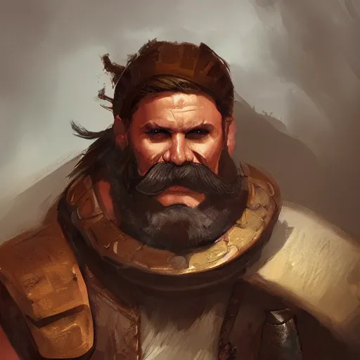 Image similar to portrait old barbarian warrior with trucker mustache and short hair, 8 k, trending on art station, by tooth wu and greg rutkowski