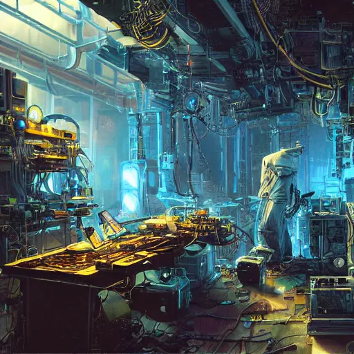 Prompt: fusion reactor in a cyberpunk tinkerer's workshop cryengine render by android jones, james christensen, rob gonsalves, and tim white