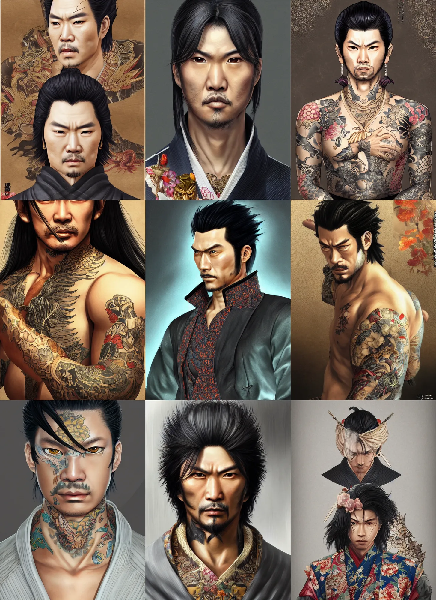 Prompt: ' yakuza ab 2 3 de in tokyo _ 1 7 th century _ portrait | fantasy | highly detailed | trending on artstation | sharp focus : art by artgerm, greg rutkowsky, magali villeneuve'