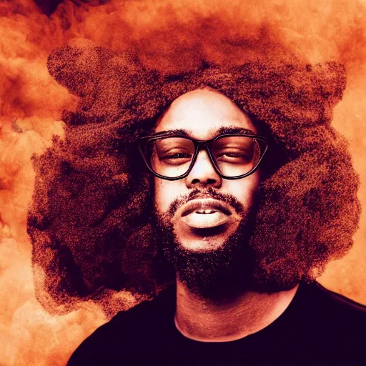 Prompt: double exposure black man with long curly hair, wearing glasses, in profile, a electric guitar and fire, by Christoffer Relander