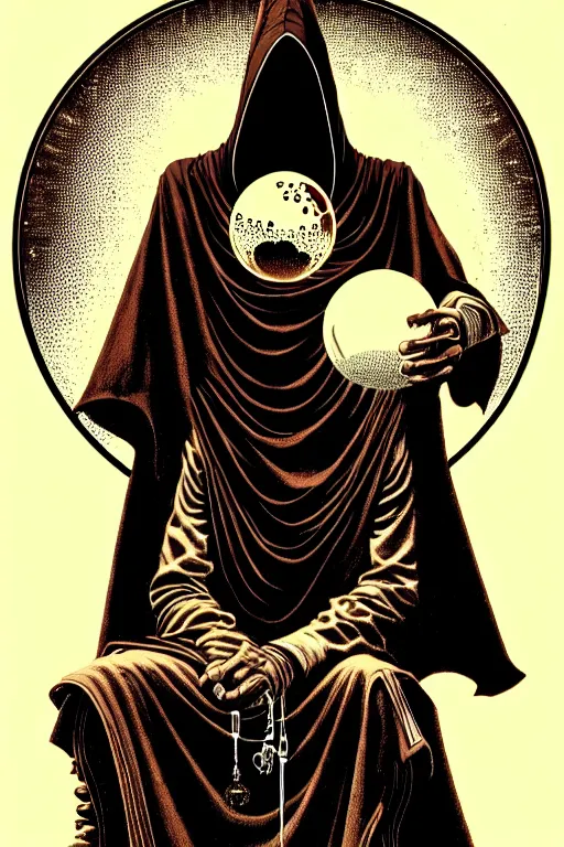 Image similar to sitting cloaked steampunk wizard holding crystal ball, high details, intricately detailed, by vincent di fate, inking, 3 color screen print, masterpiece, trending on artstation,, sharp, details, hyper - detailed, hd, 4 k, 8 k