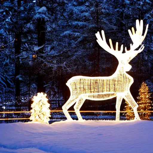 Image similar to Elegant Moose sculpture made of pure white Christmas lights, 4k, sigma 35mm