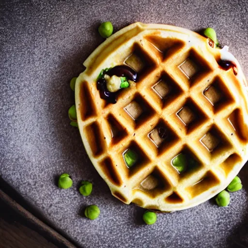 Image similar to A waffle with peas on it, photograph