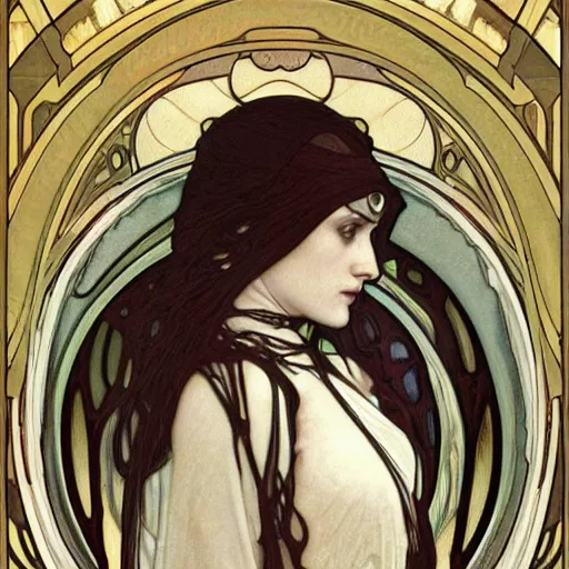 Image similar to stunning, breathtaking, awe-inspiring award-winning concept art nouveau painting of attractive Hooded figure as the goddess of the moon, with anxious, piercing eyes, by Alphonse Mucha, Michael Whelan, William Adolphe Bouguereau, John Williams Waterhouse, and Donato Giancola, cyberpunk, extremely moody lighting, glowing light and shadow, atmospheric, cinematic, 8K