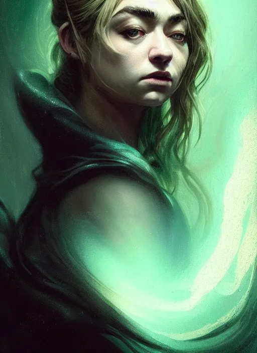 Image similar to side portrait, imogen poots, deathknight, gloomhaven, soft, smooth, luminescent, art nouveau, haunting, pale green backlit glow, evil inky swirly ripples, sickly colors, 8 k, by greg rutkowski, jesper ejsing, rhads, ilya kuvshinov, cushart krenz