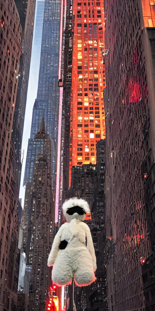 Prompt: fluffy puppet im new york at night with red lights as eyes