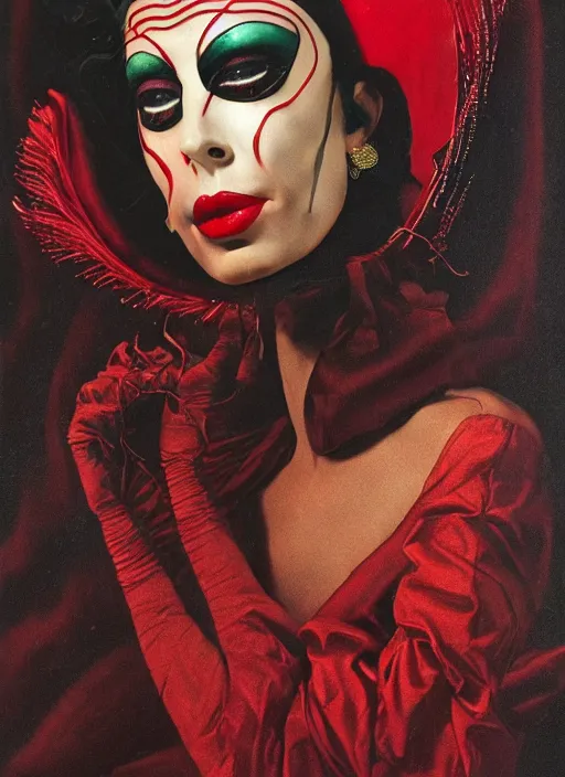 Image similar to an 8 0 s portrait of a woman with dark eye - shadow and red lips with dark slicked back hair, a high fashion mask made of wire and beads, dreaming acid - fueled hallucinations, psychedelic by serge lutens, rolf armstrong, delphin enjolras, peter elson, red cloth background, frilled blooming collar, alexander mcqueen