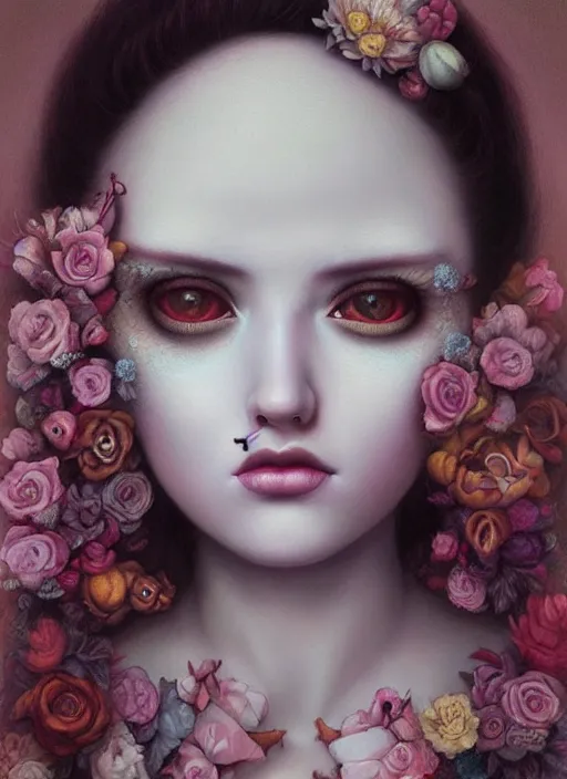Image similar to pop surrealism, lowbrow art, realistic seductive woman painting, preraphaelites, hyper realism, muted colours, rococo, natalie shau, loreta lux, tom bagshaw, mark ryden, trevor brown style,