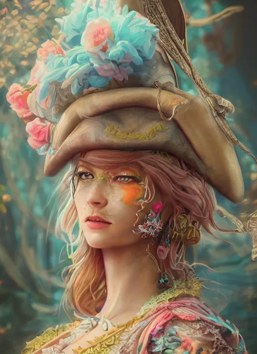 Prompt: detailed realistic full body colorful pastel painting of a pirate female in intricate clothing, beautiful face, elegant pose, fantasy, illustration, insanely detailed and intricate, octane render, 4k