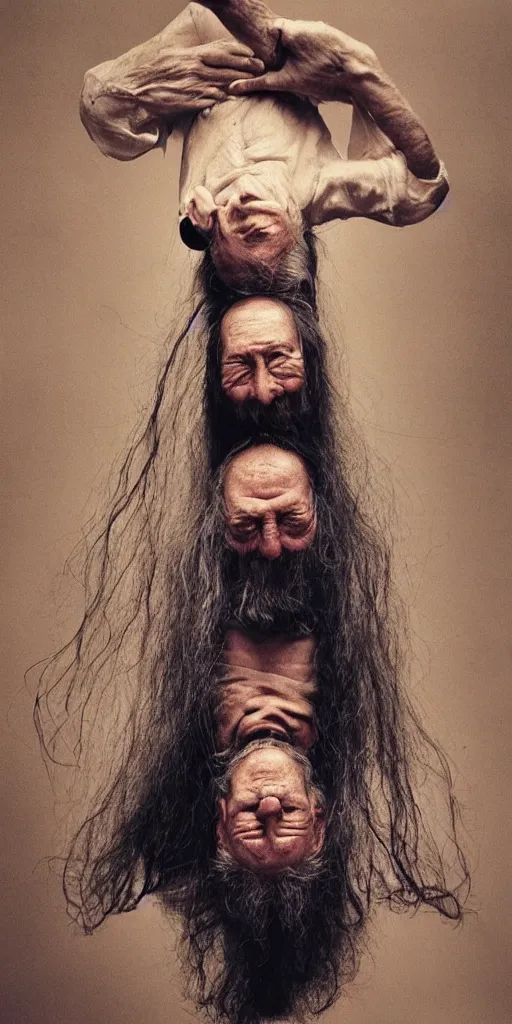 Image similar to a old man with 3 heads and 6 eyes, long hair, hanging upsidedown by annie leibovitz