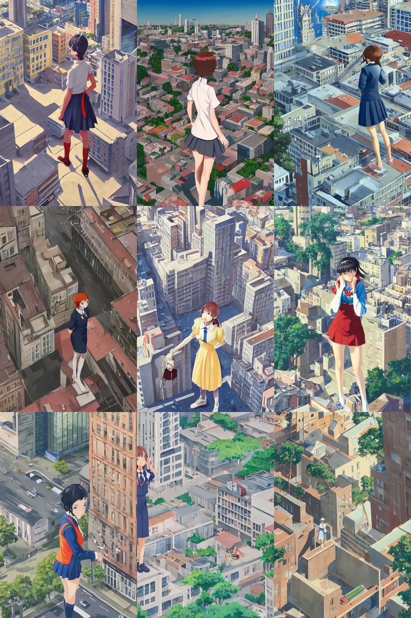 Image similar to a cute giantess wearing school uniform standing in the city which seem small, bird's eye view, gouache, 8 k wallpaper, strong brush stroke, very high detailed, sharp focus, illustration, morandi color scheme, art station, by shinkai makoto