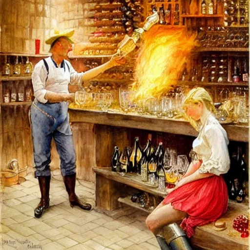 Prompt: hot blonde working in a wine cellar, food, pork, beer, schnapps, rustic, traditional, torches on the wall, watercolor by vladimir volegov and carl larsson