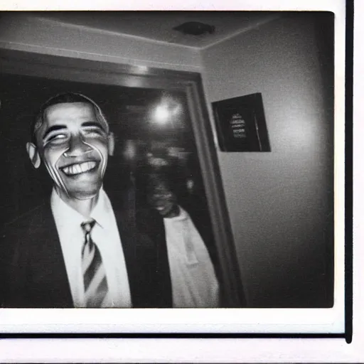 Image similar to A creepy polaroid of Obama chasing you in a narrow hallway