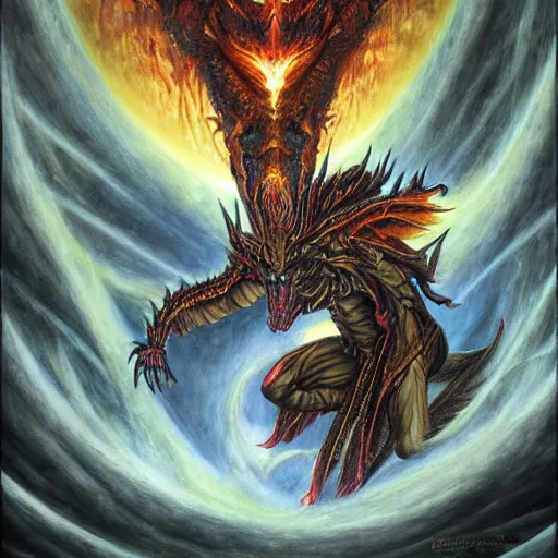 Prompt: an epic demonic alien dragon demigod descending from the heavens and cosmos to consume the earth, by dan seagrave art