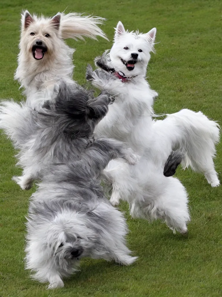 Image similar to a gray german spitz fights a white west highland terrier