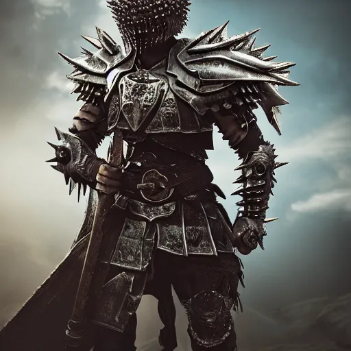 Prompt: warrior with spiky armour and a mace, highly detailed, dramatic lighting, cinematic, 4k