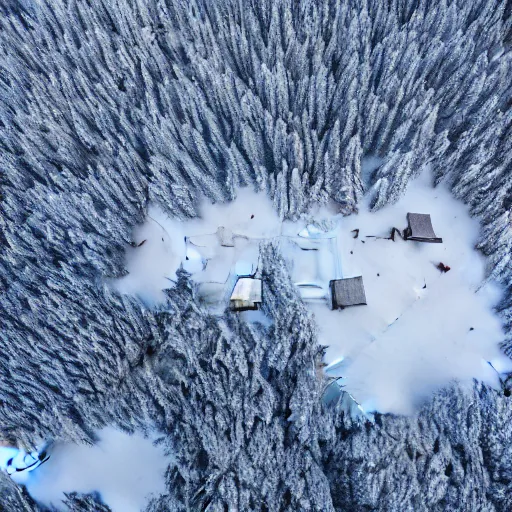 Image similar to sattelite image of post pocaliptic snow from 250 meters height, only snow, small frozen trees covered with ice and snow, old lumber mill remains, beautiful winter area