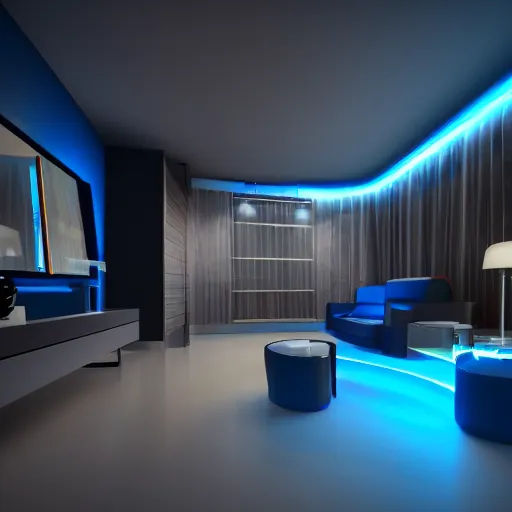 Image similar to futuristic looking living room, dark with blue neon lights, contrasted, dark floor, octane render