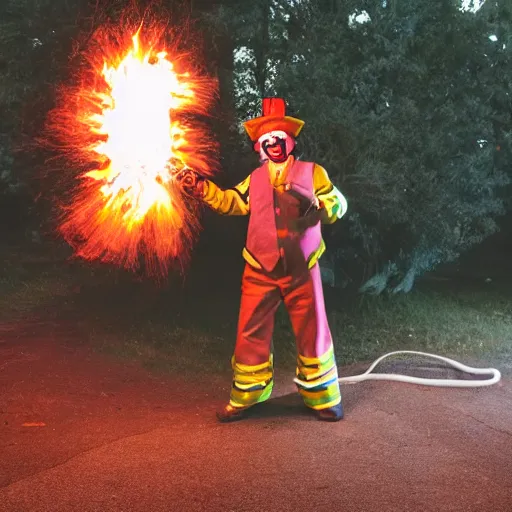 Image similar to photo of a clown using a flamethrower projecting a long bright flame towards a fire