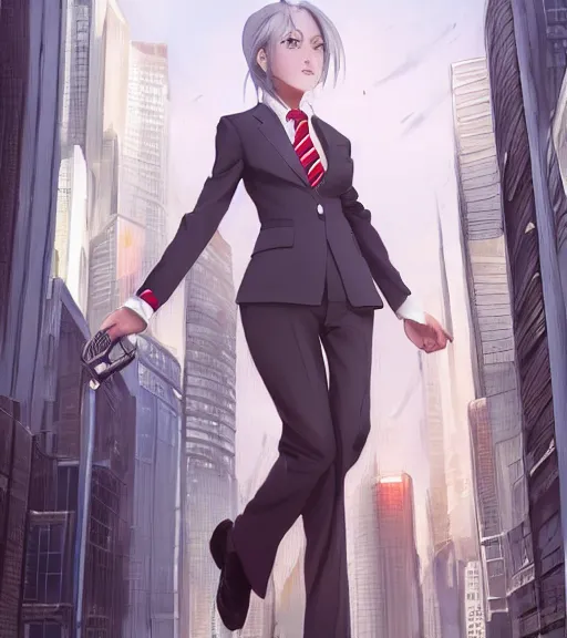 Image similar to a girl in a business suit, close up, sharp focus, red necktie, grey hair, happy expression, full body shot, pixiv, city background, digital painting, by tran ross and jordan grimmer and greg rutkowski, anime art, artstation, hd, smooth,