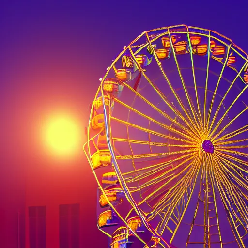 Image similar to ferris wheel at sunrise. neon light, award winning, artstation, intricate details, realistic, volumetric lighting, sun rays beaming, hyperdetailed, 8 k resolution, golden hour, intricate art nouveau, smooth, sharp focus, rendered in unreal engine 3