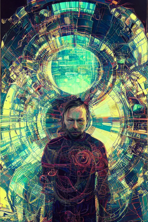 Image similar to A portrait of Thom Yorke as a cyberpunk android, iridescent highlights, surrounded by digital swirls, highly detailed, intricate, soft, sci-fi, sharp focus, subsurface scattering, art by Moebius, Greg Rutkowski, Alphonse Mucha