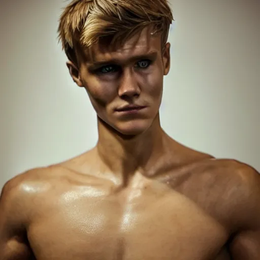 Image similar to a realistic detailed photo of a guy who is an attractive humanoid who is half robot and half humanoid, who is a male android, soccer player martin ødegaard, shiny skin, posing like a statue, blank stare, in a living room, on display, showing off his muscles