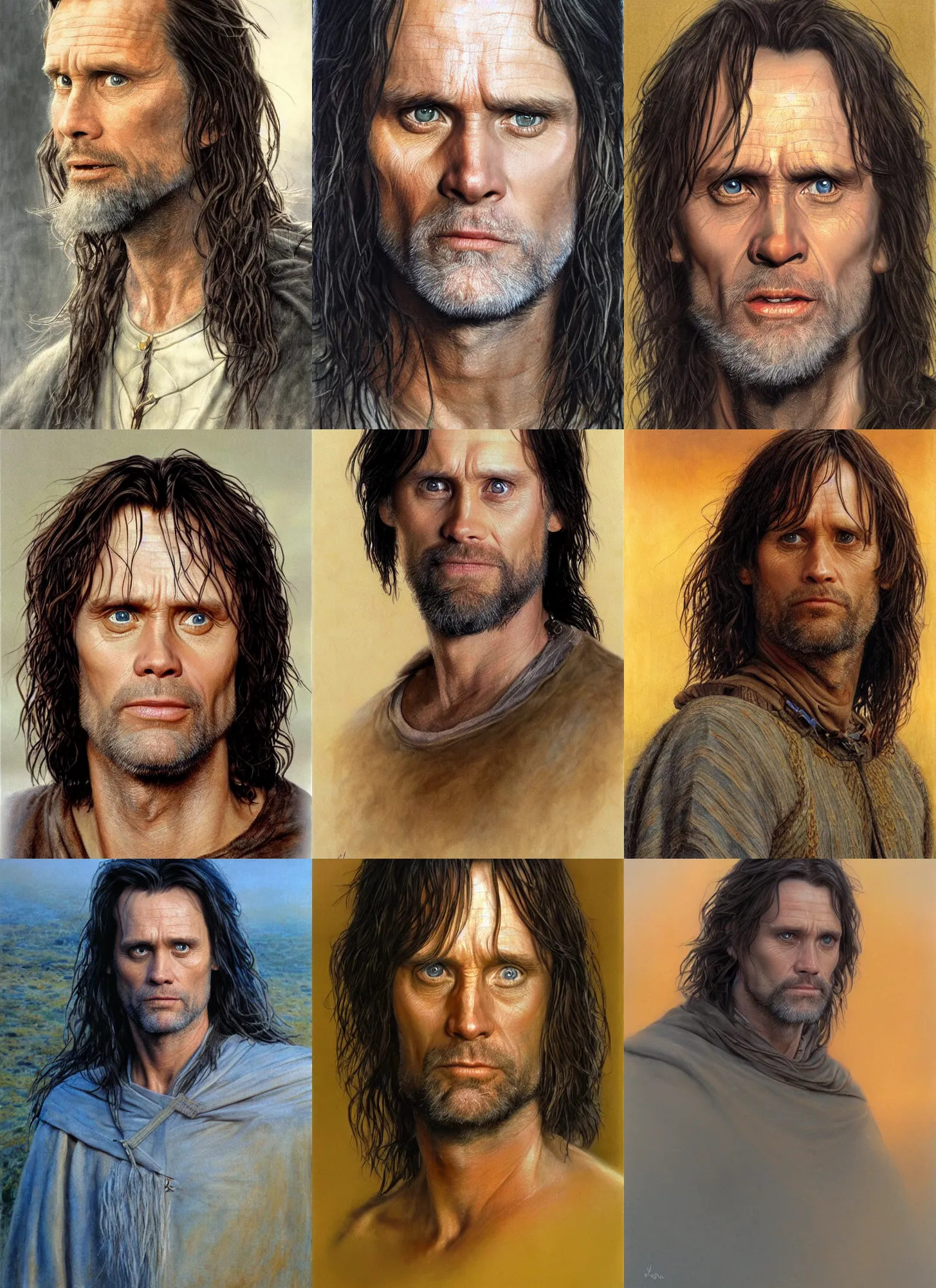 Prompt: jim carrey as aragorn by alan lee, golden hour, concept art, detailed clothing, art station, oil painting