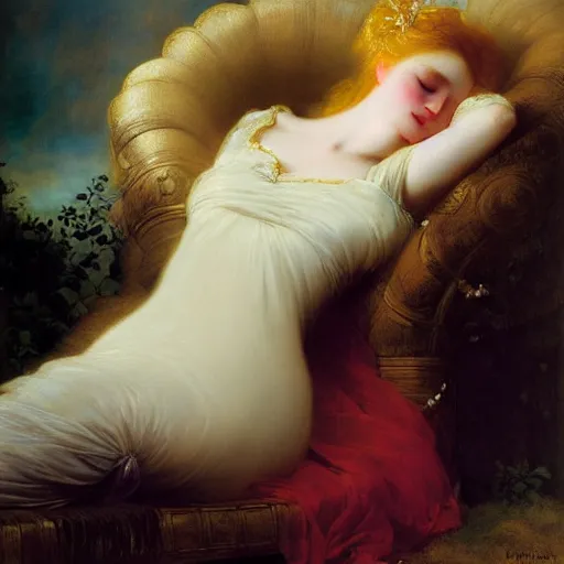 Image similar to blonde beautiful sleeping princess by Franz Xaver Winterhalter and Delphin Enjolras and Rebecca Guay