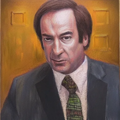 Image similar to an oil painting of saul goodman dressed as a businessman, pastel, art masterpiece, museum, on display