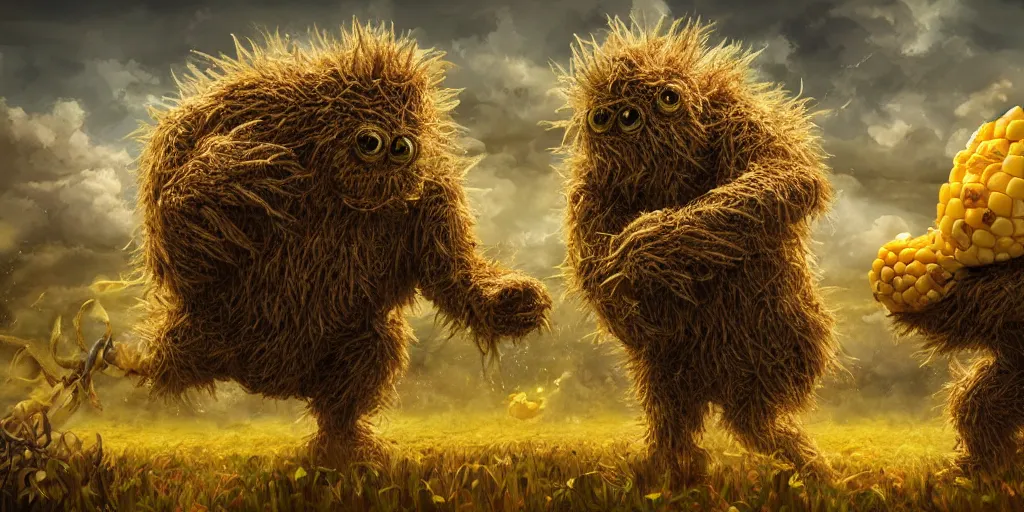 Prompt: corn-monster vs potatoe-monster fight, epic digital art illustration, wide angle, masterpiece, outstanding detail, illustration, colorgrading, LUTs, dark mood