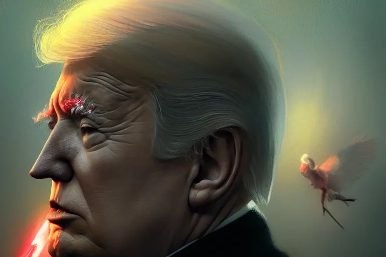 Image similar to Portrait of Trump facing Joe Biden, dark makeup, dark crowns with magical ruby, painting by Studio Ghibli, Ivan Aivazovsky and Greg Rutkowski, artstation, fantasy, intricate, beautiful, cinematic, octane render, arnold render, 8k, hyper realism, detailed, sharp focus, 4k uhd, masterpiece, award winning