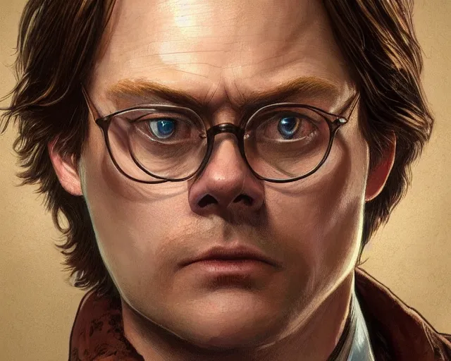 Image similar to close up of dwight schrute wearing a brown suit and necktie, focus, d & d, intricate, elegant, highly detailed, digital painting, artstation, concept art, matte, sharp focus, illustration, hearthstone, art by artgerm and greg rutkowski and alphonse mucha