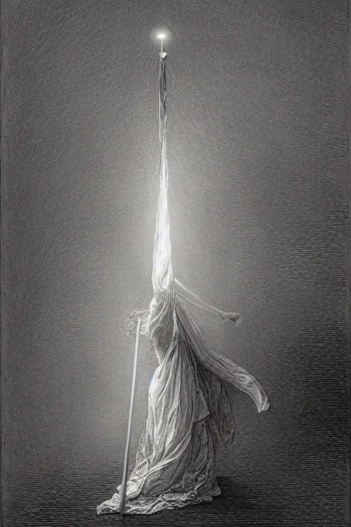 Prompt: dancer in the wind by gustave dore, light cone, reimagined by industrial light and magic