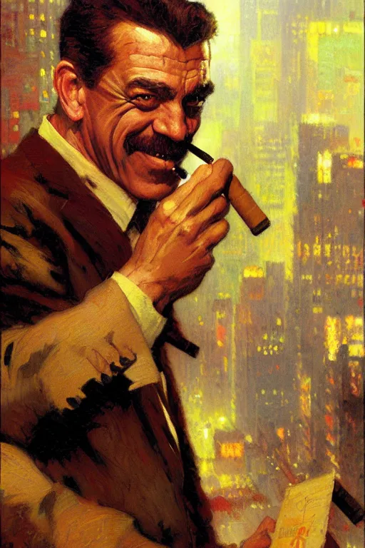 Image similar to j jonah jameson picking out cigars painting by gaston bussiere, craig mullins