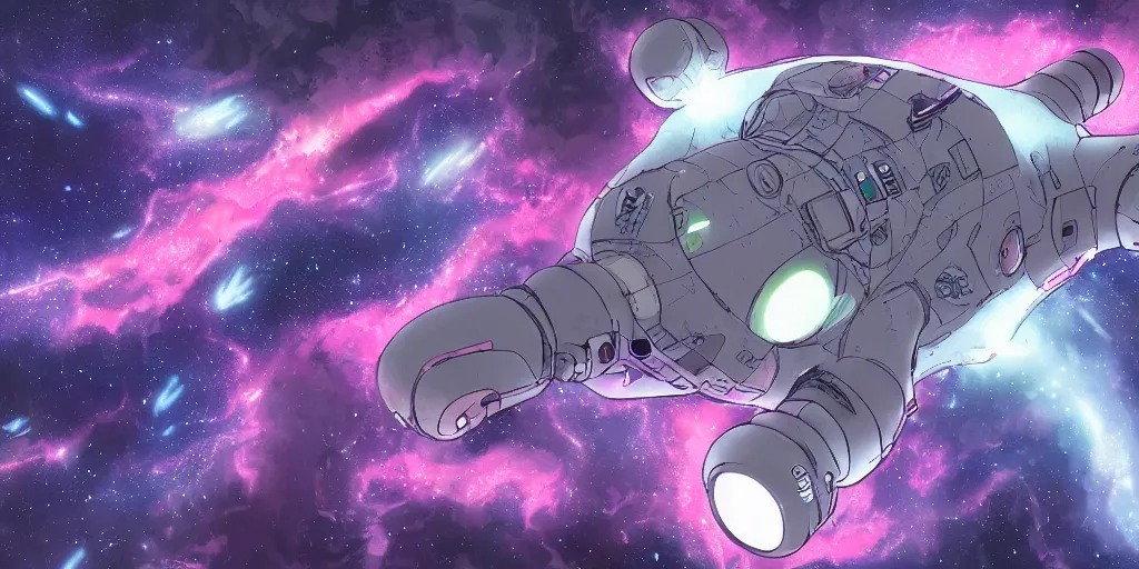 Image similar to Tardigrade shaped space ship in space, Hyper detailed, Anime, Gurren Lagan, Neon, Grey, Space, Nebula, Galaxy, 4k, Illustration