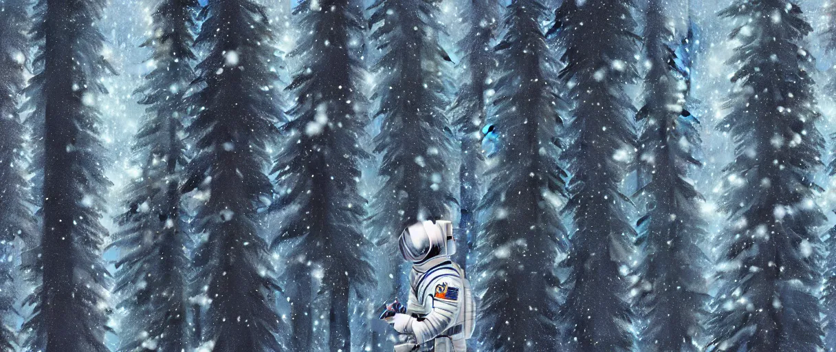 Prompt: close - up portrait of space astronaut with white spacesuit flying inside siberian big green pines snow forest, close - up helmet. small foggy and gloomy, blue lights, bokeh background, close - up shot, highly detailed science fiction illustration by jeremy geddes. photorealistic, octane render, hyper detailed, 8 k, movie still, artstation, unreal engine