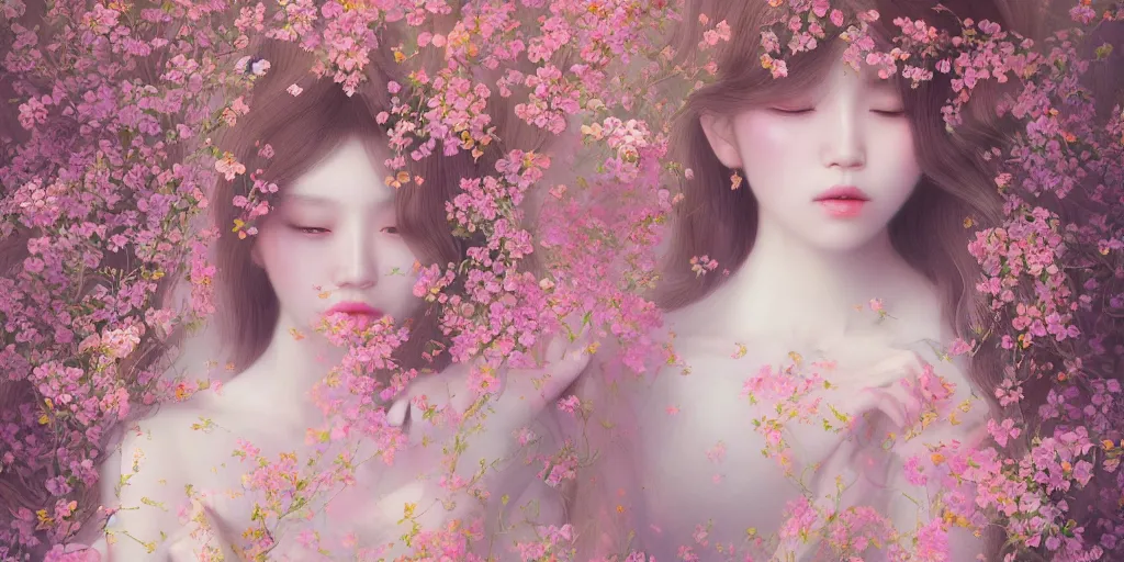 Image similar to breathtaking delicate detailed concept art painting pattern blend of flowers and girls, by hsiao - ron cheng, bizarre compositions, exquisite detail, pastel colors, 8 k