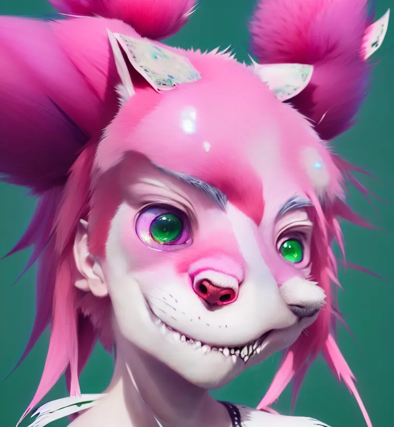 Image similar to a beautiful headshot portrait of a cute anime male boy with pink hair and pink fox ears and piercings and green eyes. character design by cory loftis, fenghua zhong, ryohei hase, ismail inceoglu and ruan jia. artstation, volumetric light, detailed, photorealistic, fantasy, rendered in octane