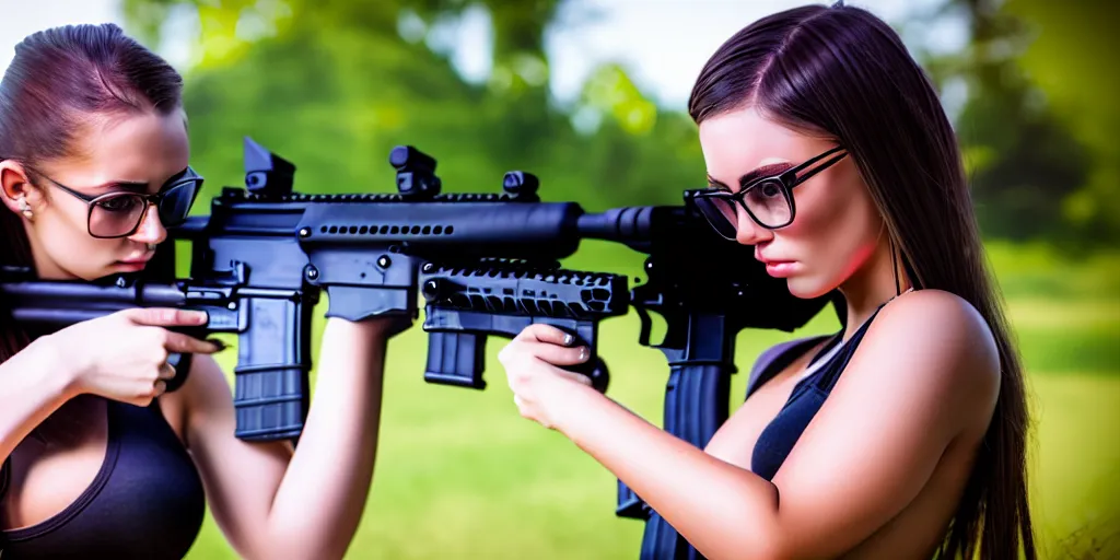 Image similar to hyperrealistic photo of a hot girl holding an ar - 1 5, 8 k