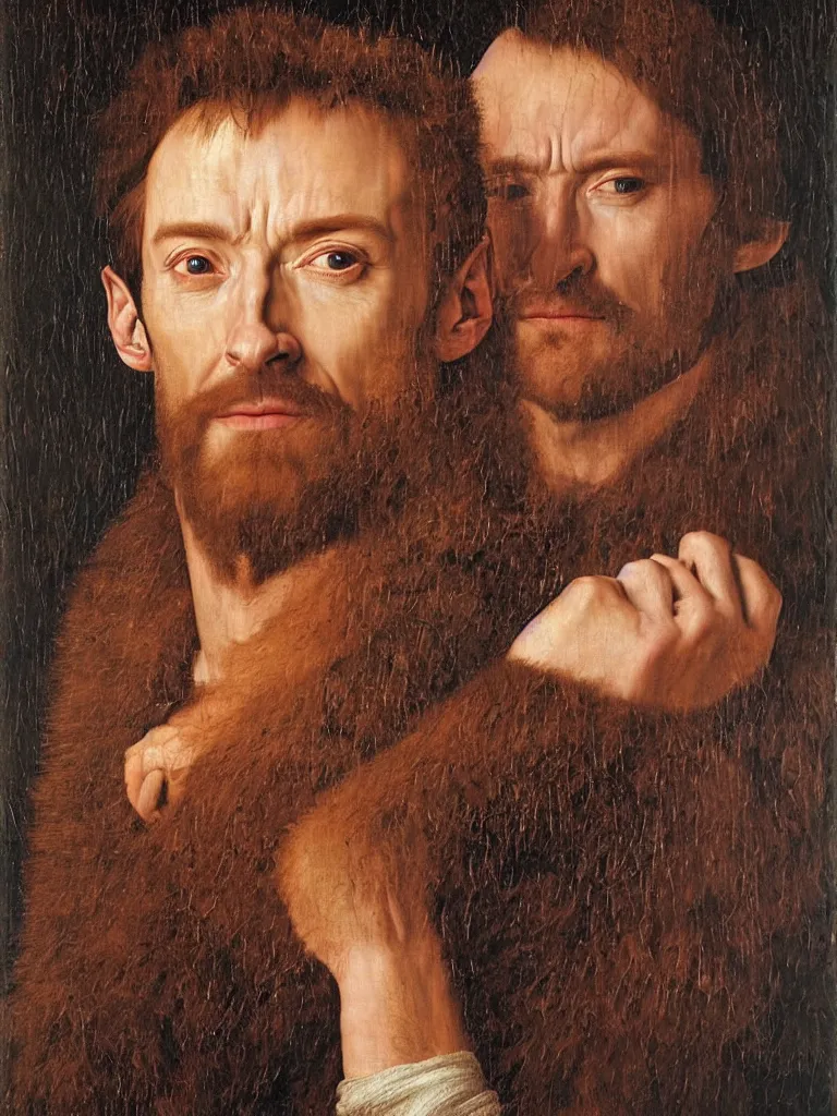 Image similar to portrait of hugh jackman, oil painting by jan van eyck, northern renaissance art, oil on canvas, wet - on - wet technique, realistic, expressive emotions, intricate textures, illusionistic detail