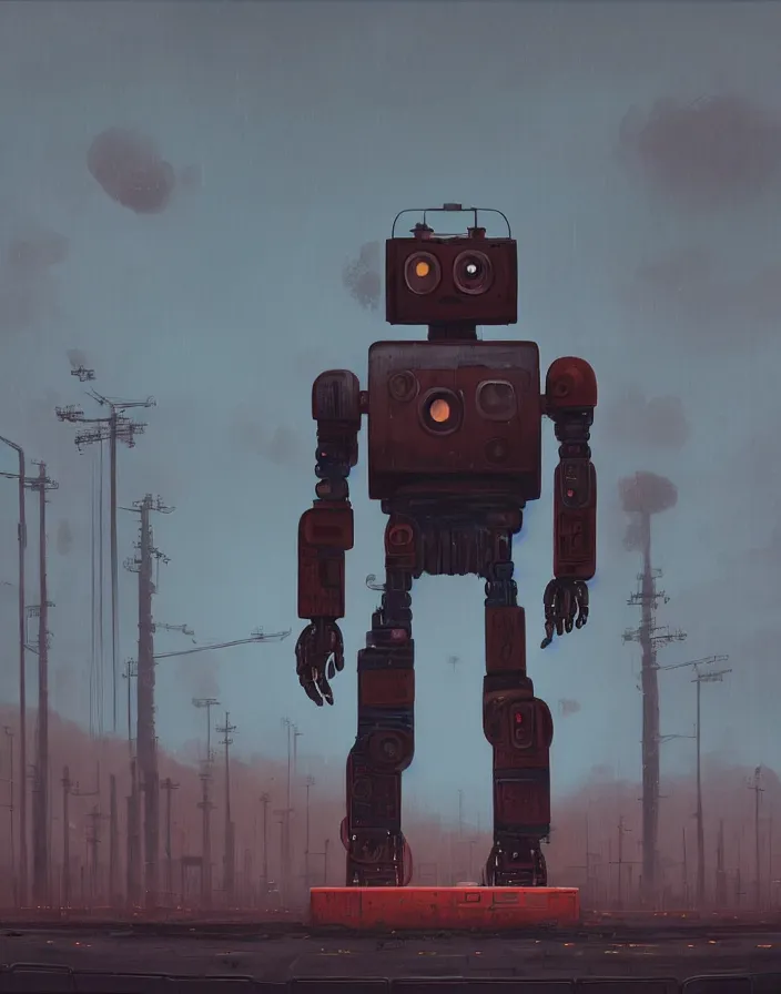 Image similar to giant rusty robot looking at a human, overcast, sci - fi digital painting by simon stalenhag