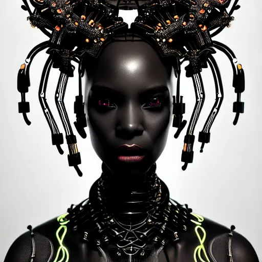 Image similar to portrait of an absurdly beautiful, graceful, sophisticated, fashionable black cyberpunk mechanoid gravure idol, hyperdetailed illustration by irakli nadar, maria borges, matt wisniewski style, intricate linework, dark black skin, neon jellyfish headdress, ivory carved ruff, unreal engine 5 highly rendered, global illumination, radiant light, detailed and intricate environment