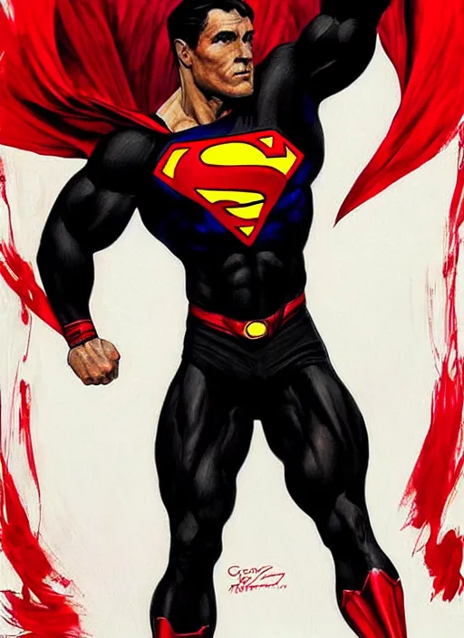 Image similar to portrait of crossfit bodybuilder sprinter superman!, futuristic detailed costume, red and black costume!!!, painted art by tsuyoshi nagano, greg rutkowski, artgerm, alphonse mucha, spike painting