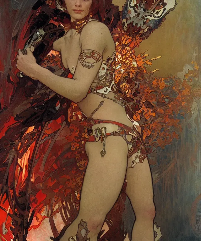 Image similar to a demonic cyborg with flaming red eyes, painting by alphonse mucha, greg ruthowski, detailed, henry ascensio, craig mullins, intricate and detailed