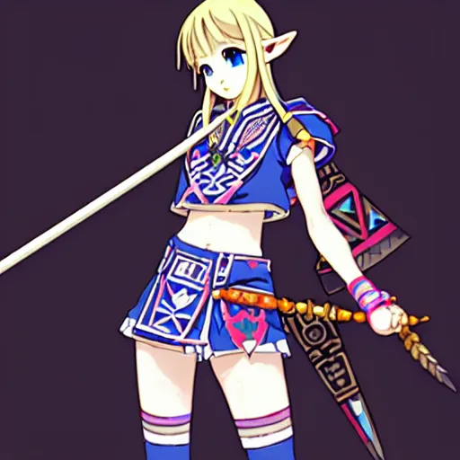 Image similar to a beautiful boyish zelda alluring gravure model, wearing japanese mayan street fashion school girl outfit with mayan pattern and native style, aztec street fashion, jrpg armor, perfect anime face, gapmoe yandere grimdark, trending on pixiv fanbox, painted by greg rutkowski makoto shinkai takashi takeuchi studio ghibli, akihiko yoshida