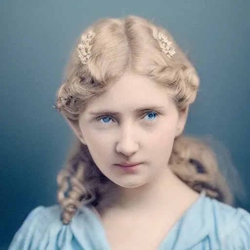 Image similar to portrait of a young lady in a light blue dress 1 9 0 0 s entire face shown in great detail, looking at the camera, full body in camera, blonde hair, garden, photorealistic, extreme detail, sharp focus, 8 k, intricate, hyper detailed, realistic, cinematic lighting