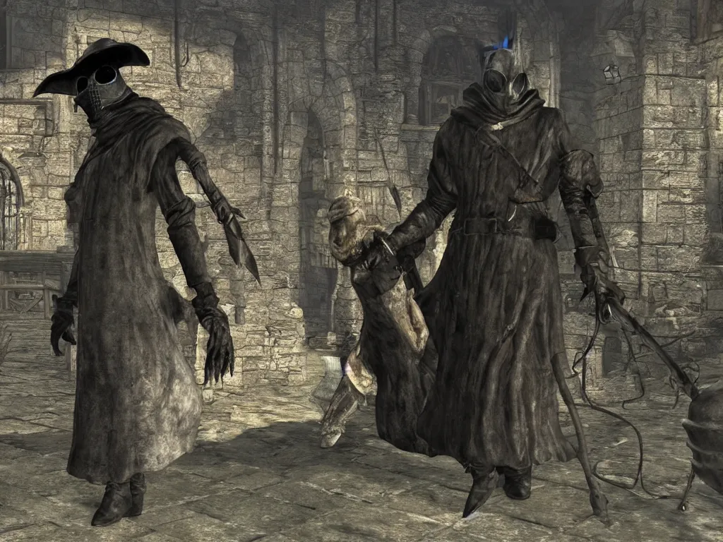 Image similar to plague doctor in Demon Souls Valley of Defilement