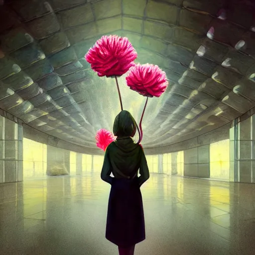 Image similar to giant carnation flower head, woman standing in metro station, surreal photography, dramatic light, impressionist painting, digital painting, artstation, simon stalenhag